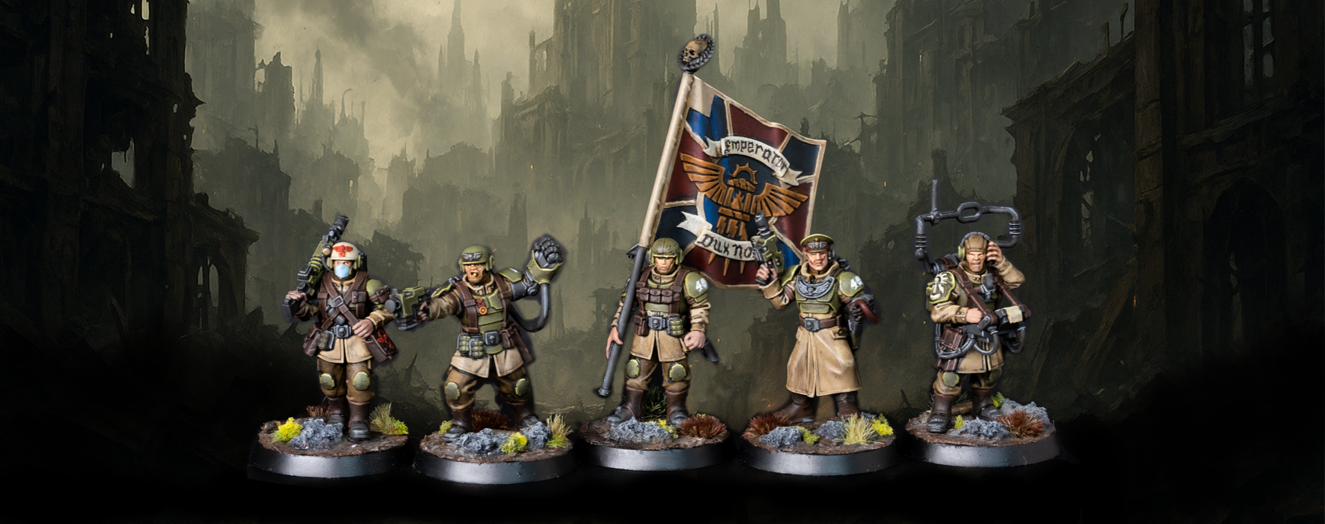 Home Painted Astra Militarum Cadian Command Squad with custom forest bases and detailed wargear.